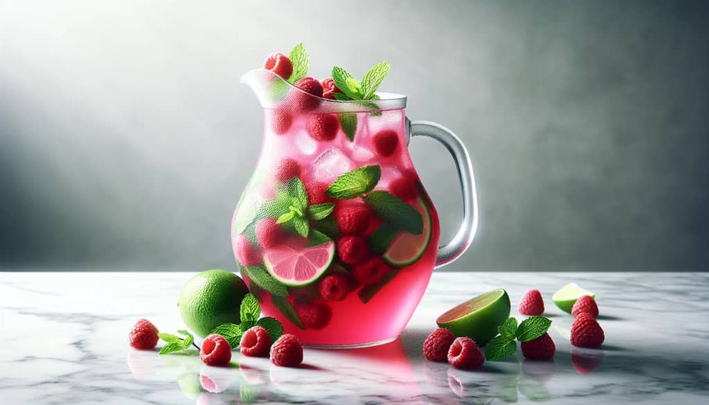 ponche de mojito de frambuesa en una jarra de vidrio con menta y lima