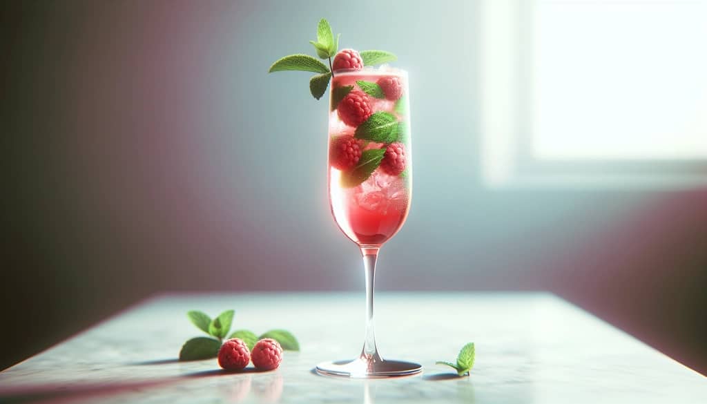 raspberry mojito royale in flute with mint and raspberries