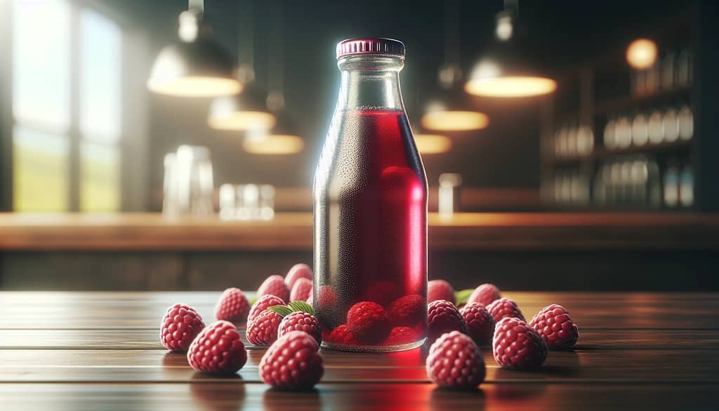 raspberry syrup in glass bottle with fresh raspberries on bar