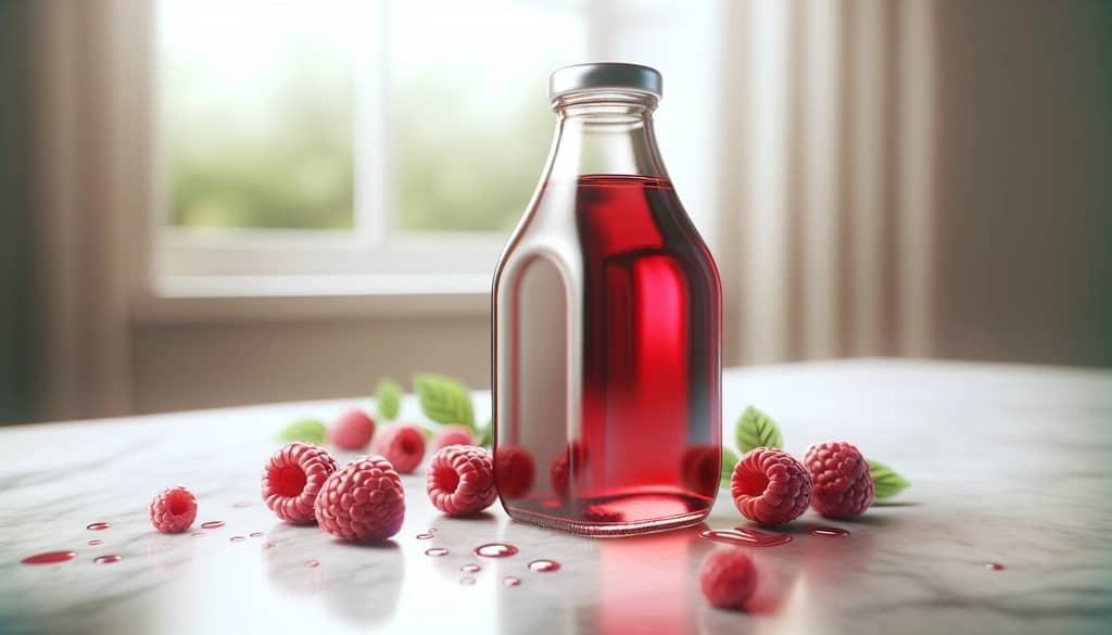 Himbeersirup in einer Glasflasche mit Himbeeren daneben