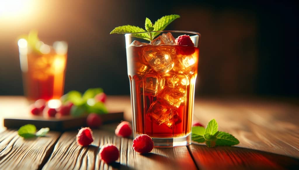 iced tea with raspberry syrup and mint