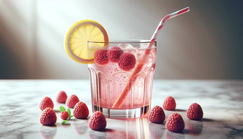jarabe de frambuesa en vaso de soda con limón y bayas frescas