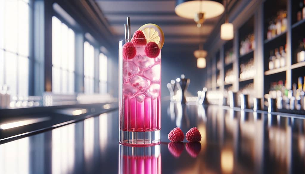 vodka collins with muddled raspberries in highball glass