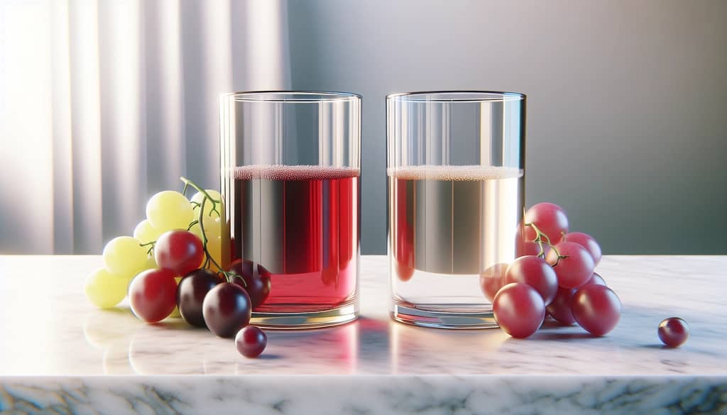 two glasses of red and white grape juice on marble