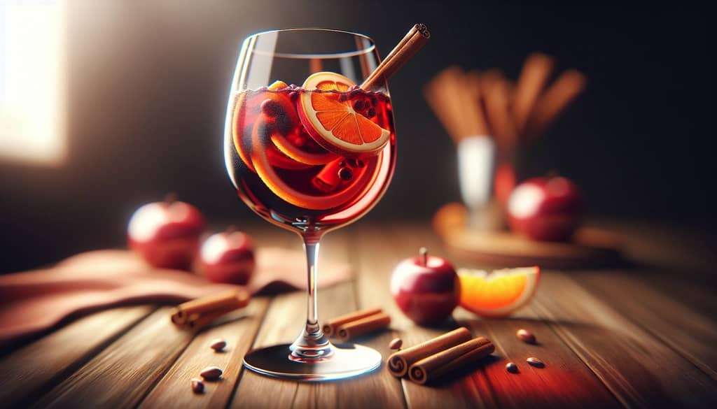 red wine apple cider sangria with orange wheel and cinnamon stick
