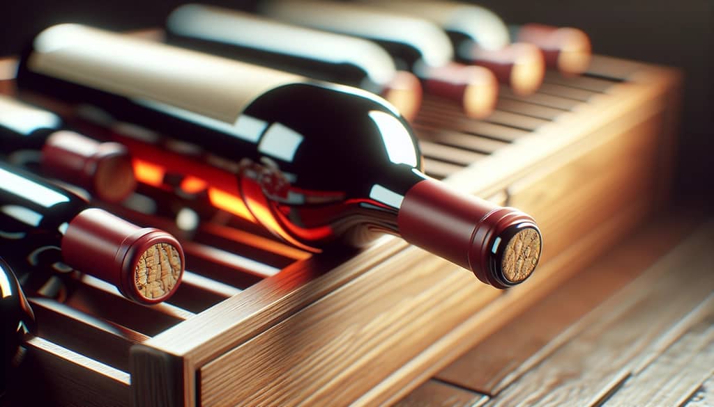closeup of a red wine bottle lying on its side showing the cork