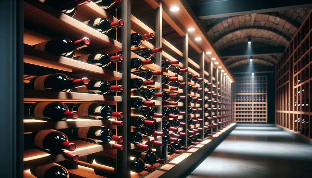 bouteilles de vin rouge stockées horizontalement sur des étagères en bois dans une cave à vin