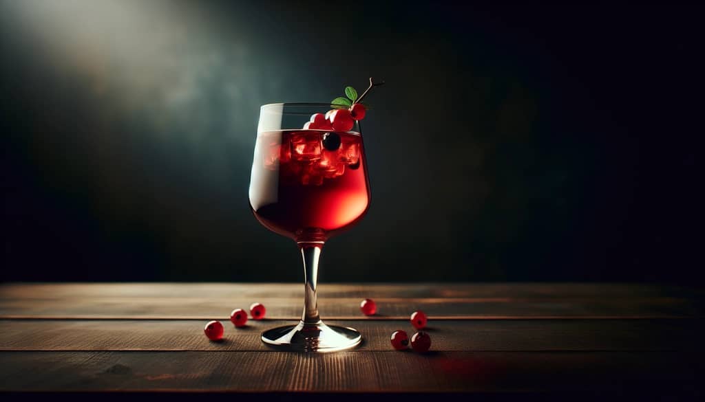 Red wine cocktail with berry garnish in a stemmed glass