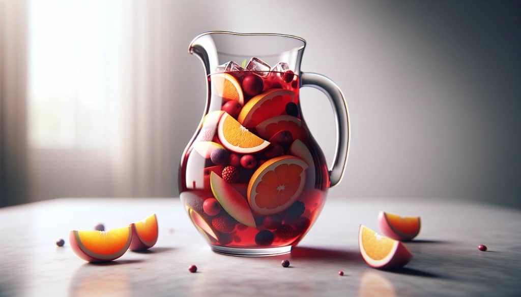 sangría de vino tinto en una jarra con fruta cortada