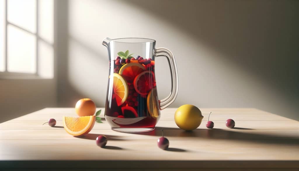 pitcher of sangria with wine and fruit on a table