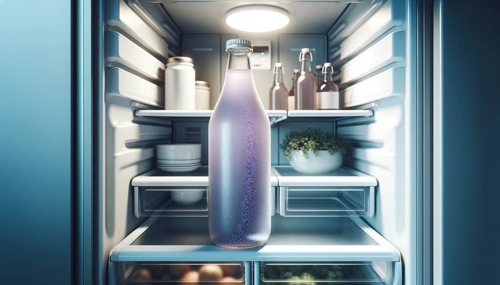 bottle of lavender syrup inside refrigerator