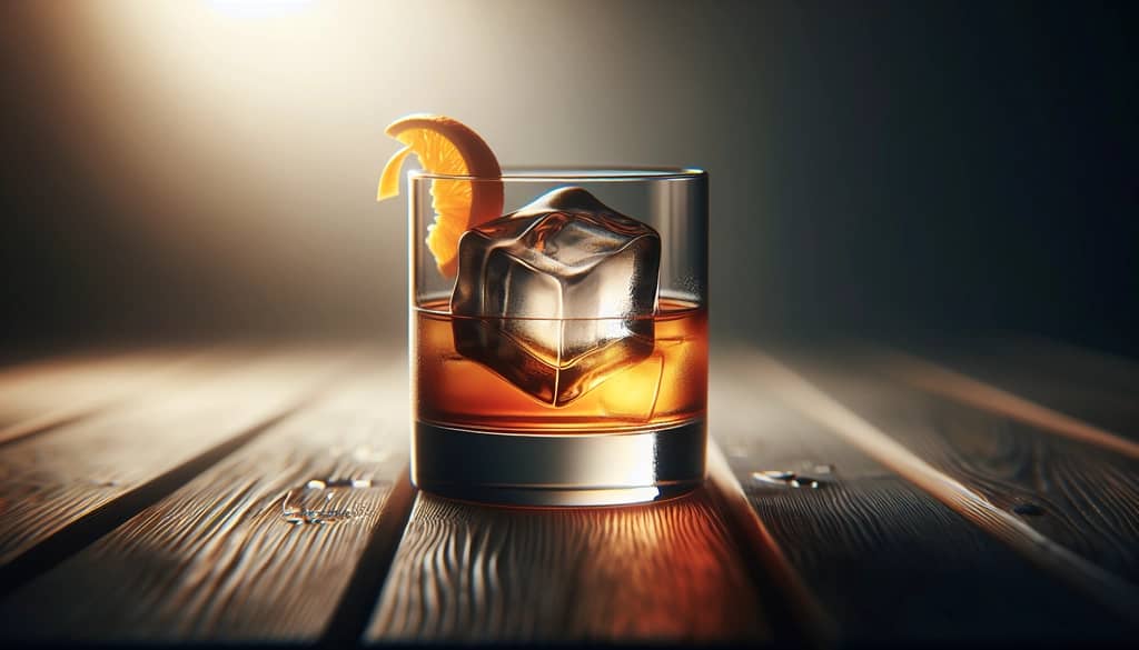 rocks glass cocktail with clear ice cube