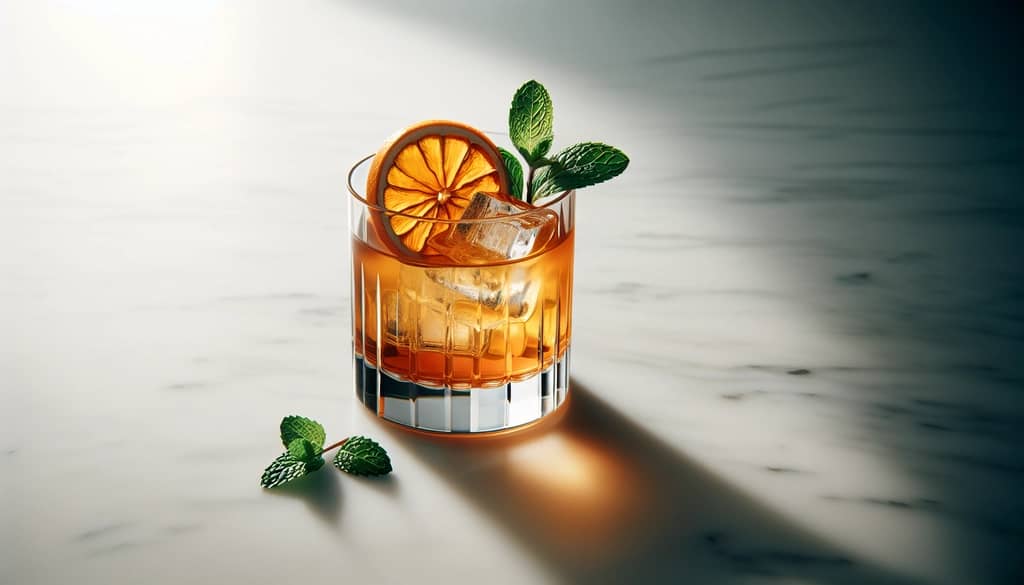 cocktail with dehydrated citrus and mint garnish on marble