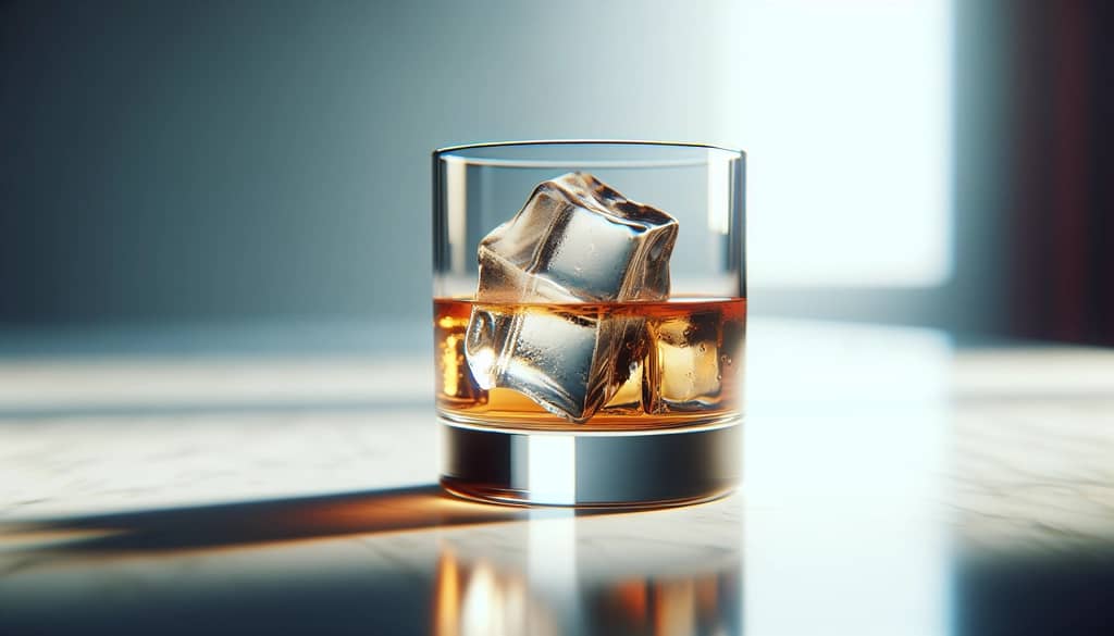 rocks glass with ice on marble surface