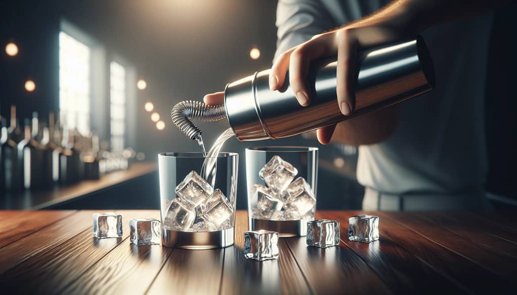bartender using rolled technique with two shakers and clear ice