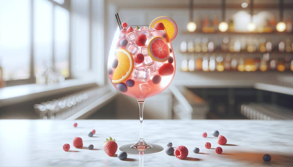 rose sangria with vodka in wine glass with fruit