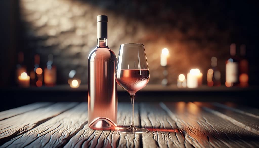 bottle of rosé wine and glass on a wooden table in candlelight