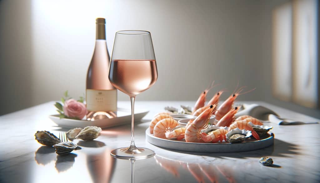 copa de vino rosado con plato de mariscos