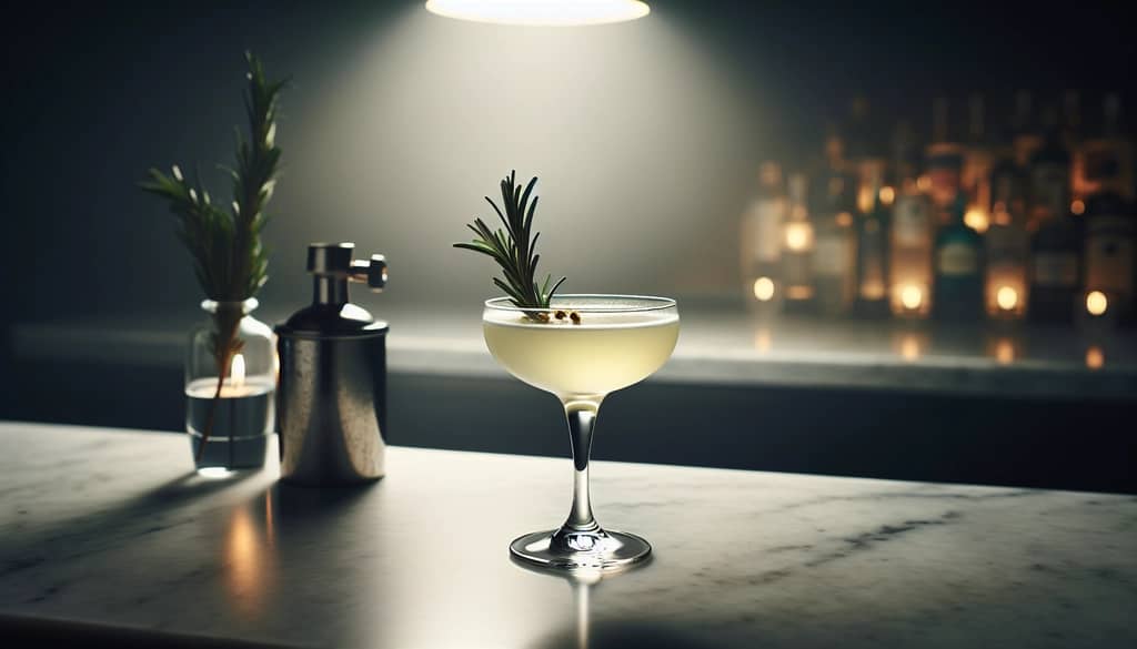 rosemary gin sour in coupe glass with dried rosemary garnish