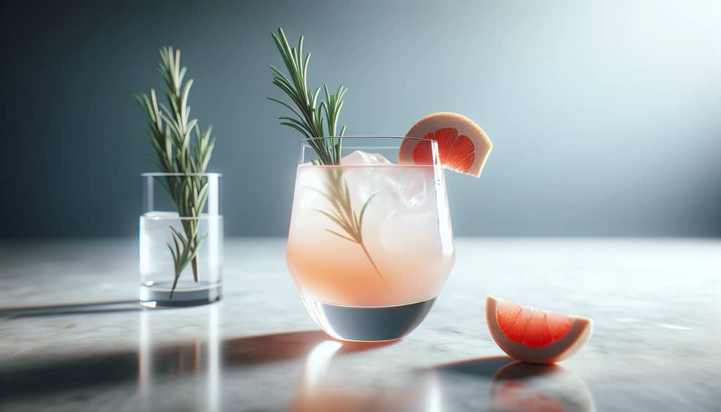 rosemary greyhound in highball with rosemary sprig and grapefruit wedge