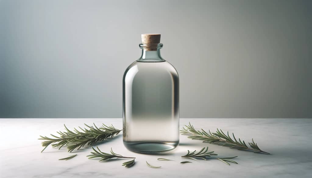 rosemary syrup in glass bottle with sprigs