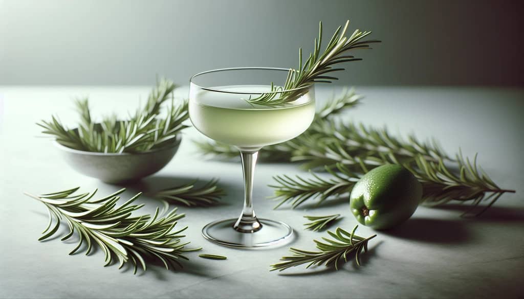 Rami di rosmarino e un bicchiere da cocktail