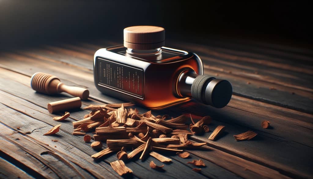 aged rum bottles and wood chips for cocktail smoking