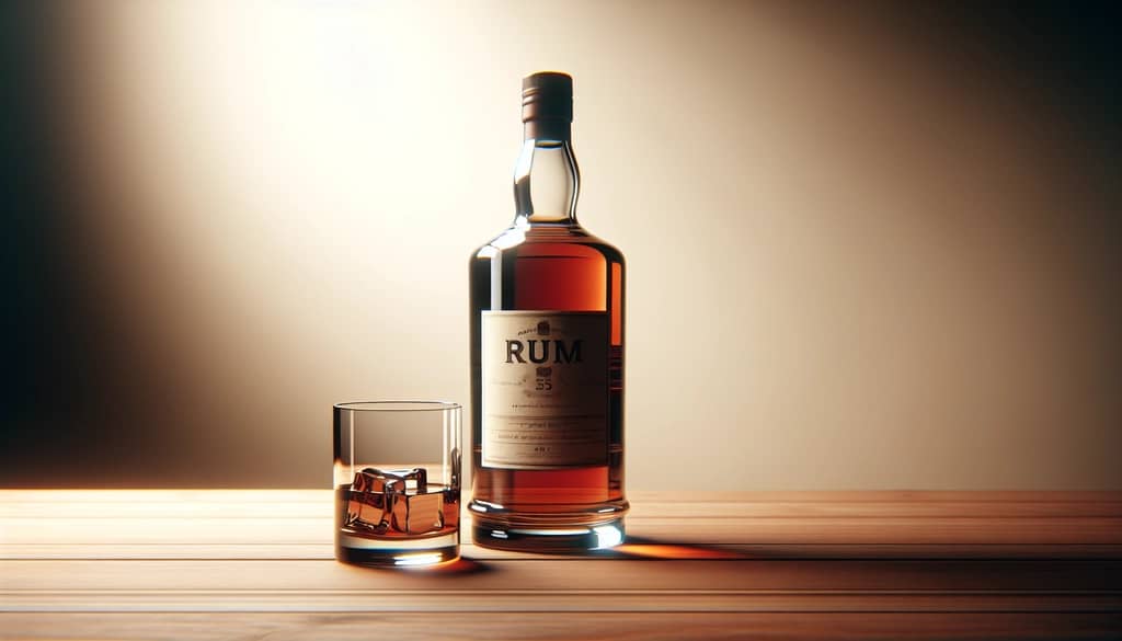 rum bottle on a wood shelf beside glass