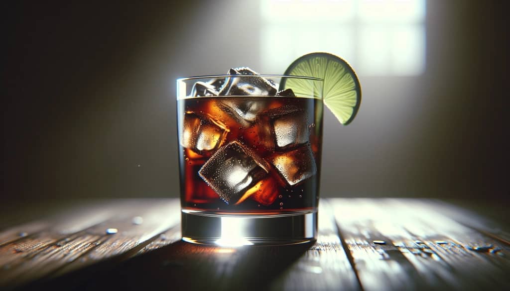 Rum and cola built in a glass with ice and lime