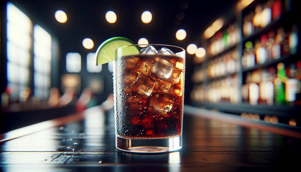 Rum and cola cocktail with lime garnish