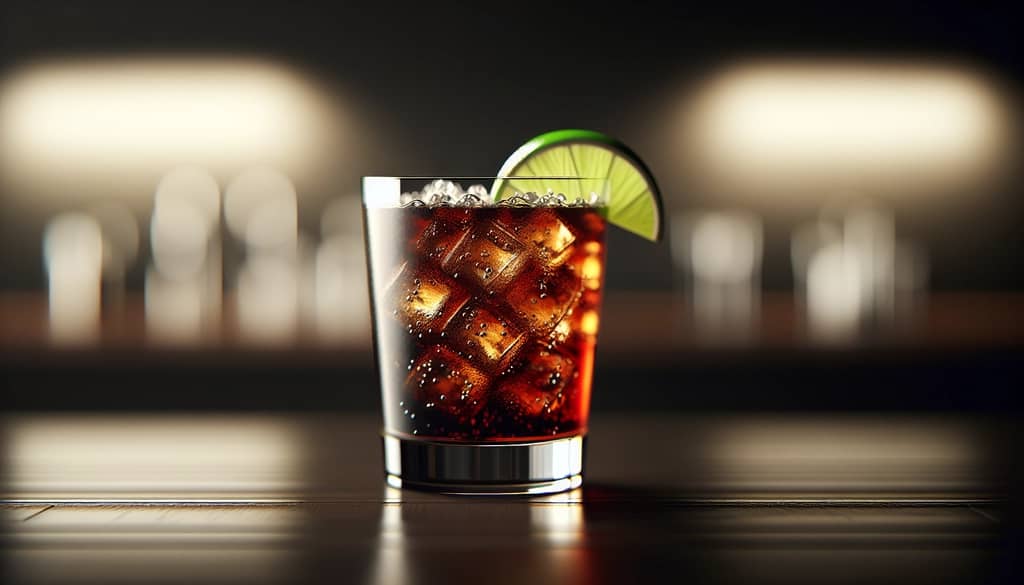vaso de cóctel hecho con cola dietética y adorno de lima