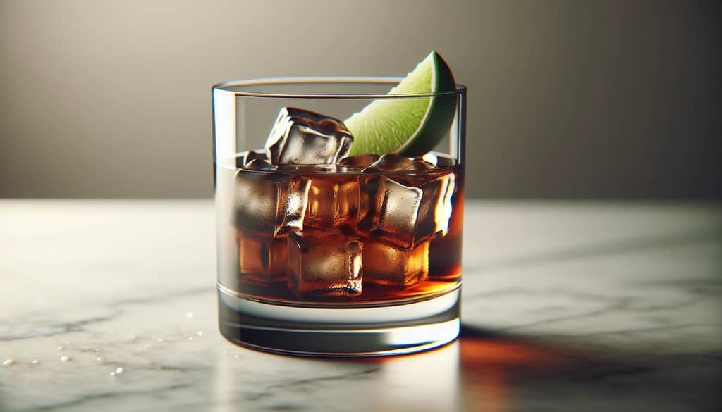 rum and ginger ale cocktail with ice and lime