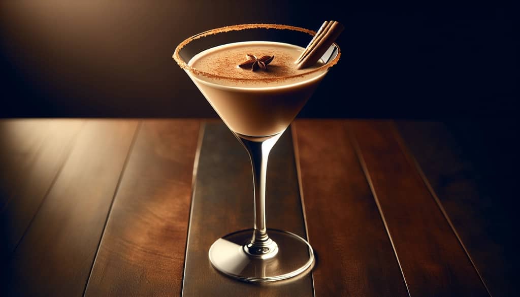 Martini au pain d'épices avec RumChata dans un verre à cocktail, garniture de bâton de cannelle