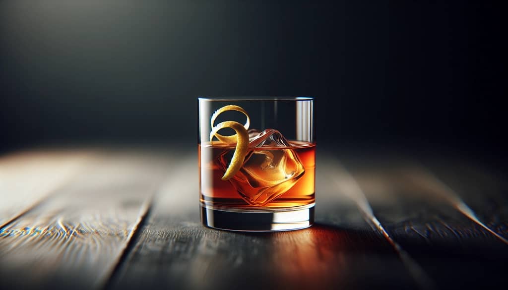 rusty nail cocktail in a rocks glass with lemon twist