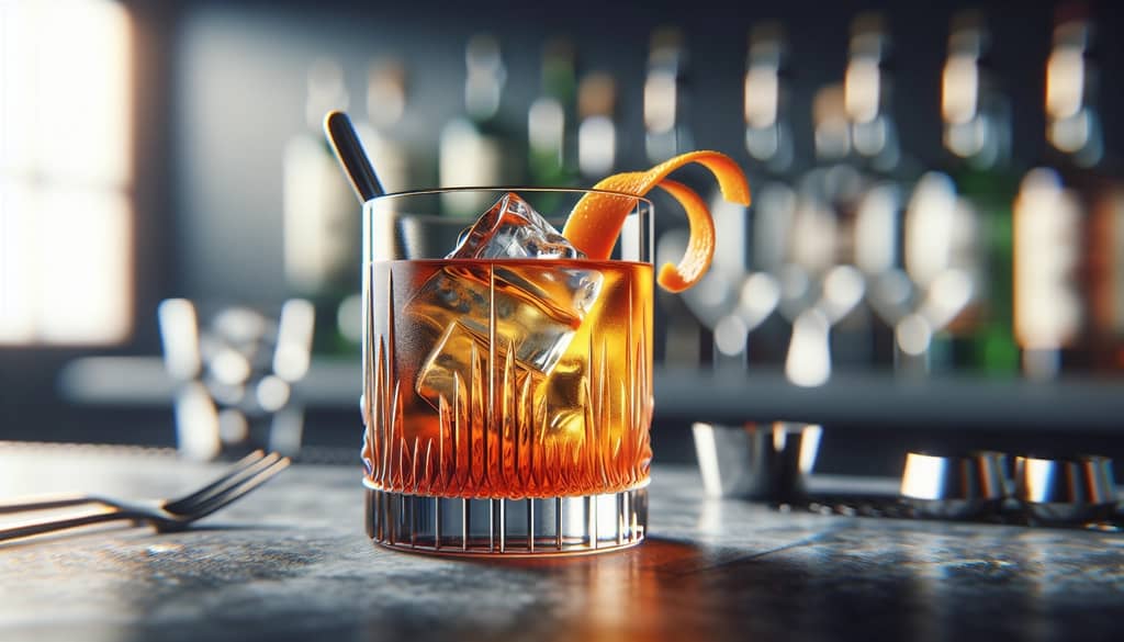 rusty nail cocktail with orange twist on marble