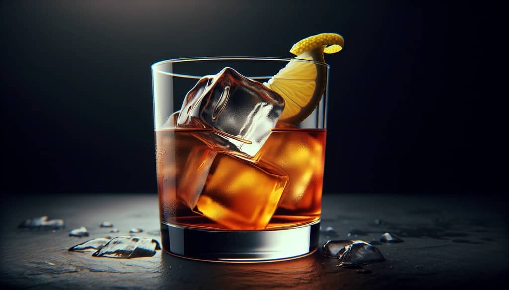 rusty nail cocktail with large clear ice cube