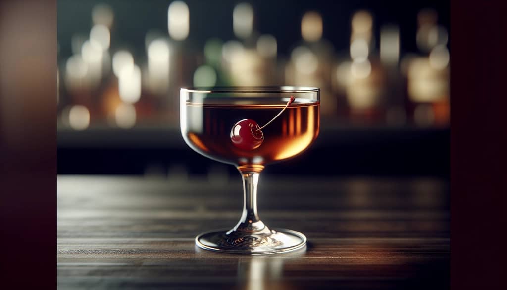 koktajl rye manhattan w kieliszku coupe z wiśnią