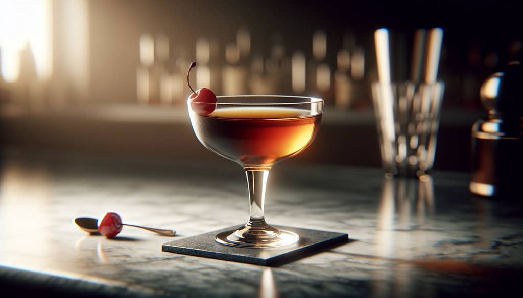 rye whiskey in a coupe glass with maraschino cherry garnish