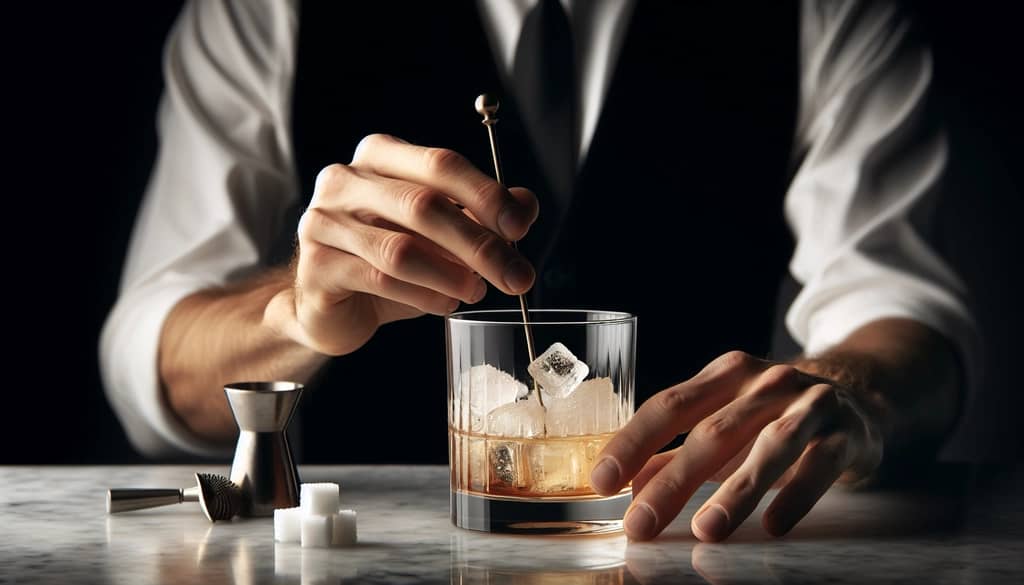bartender mixing sazerac cocktail stirring in mixing glass