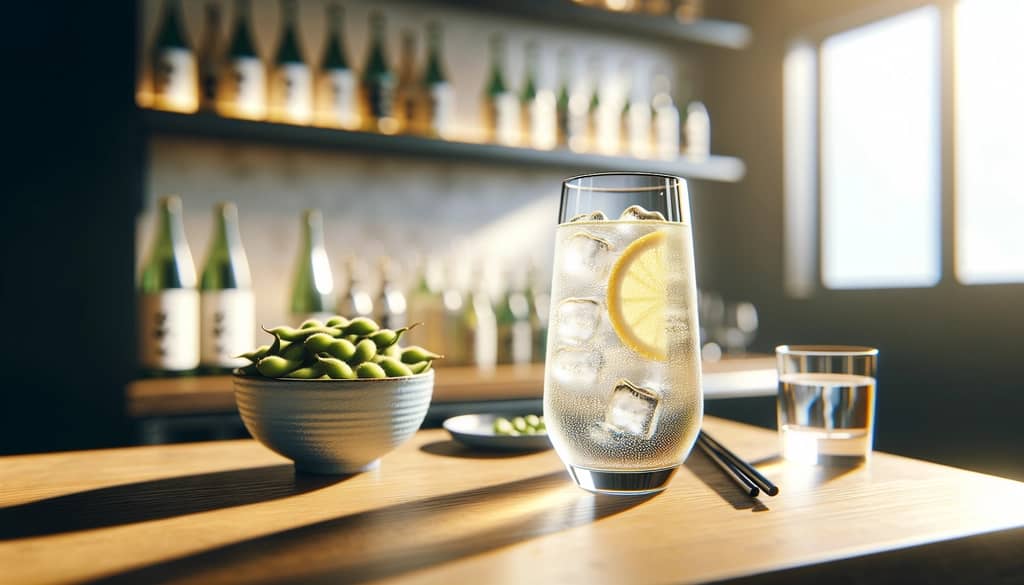 sake spritz with edamame on wooden bar
