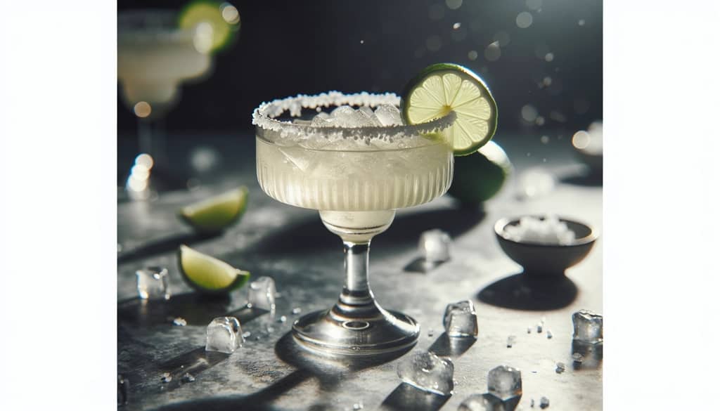 Salt-rimmed margarita on ice with lime