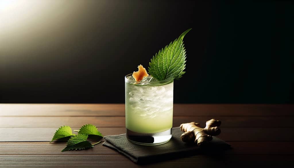 savory asian cocktail with ginger and shiso garnish