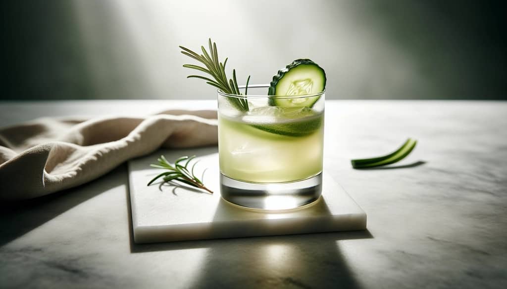 savory cocktail garnished with cucumber slice and herbs