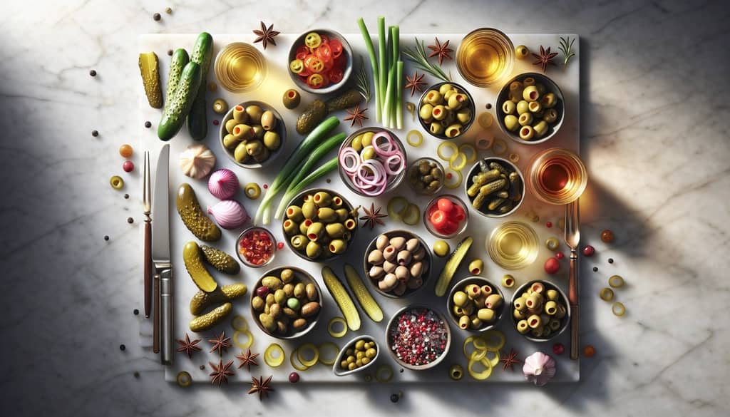 olives and pickled vegetables as savory cocktail garnishes