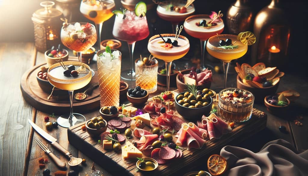 assorted savory cocktails next to charcuterie board