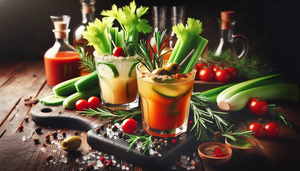 savory cocktails with tomato juice and herbs on a bar