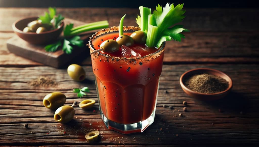 Bloody Mary cocktail with celery and pepper garnish