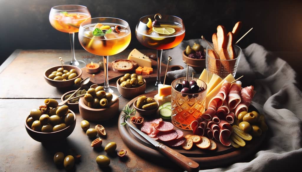 assorted savory cocktails next to charcuterie board