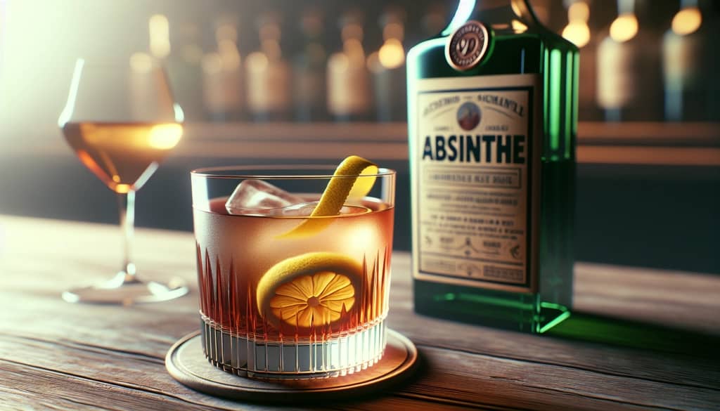 close-up of a classic Sazerac cocktail with absinthe bottle
