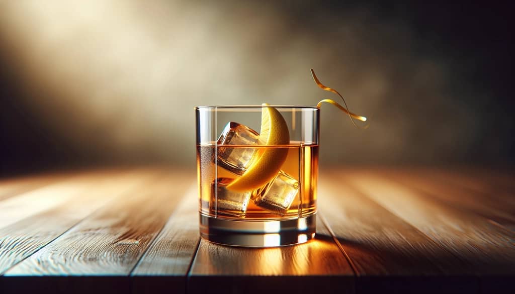 Cóctel Sazerac con toque de limón en un vaso corto